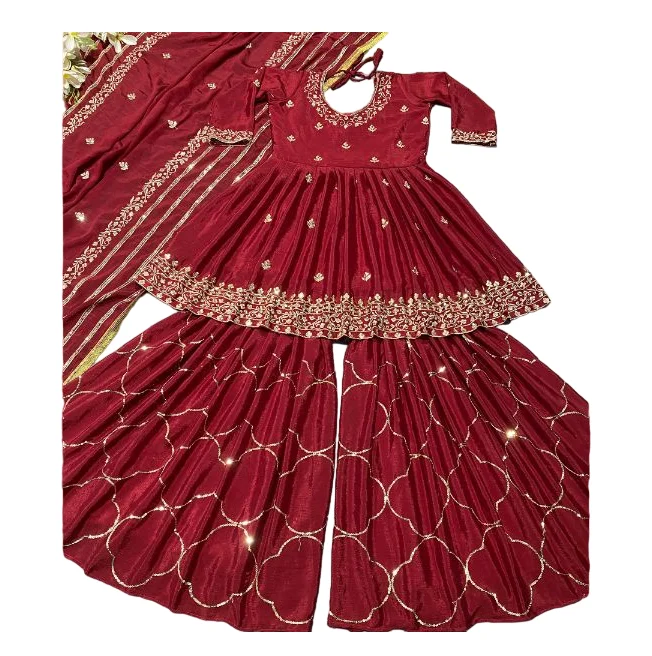 Designer Dress Chinon Silk  Material Sharara Beautiful Heavy Designer Boutique Dresses Collection Sharara Suit With Short Kameez