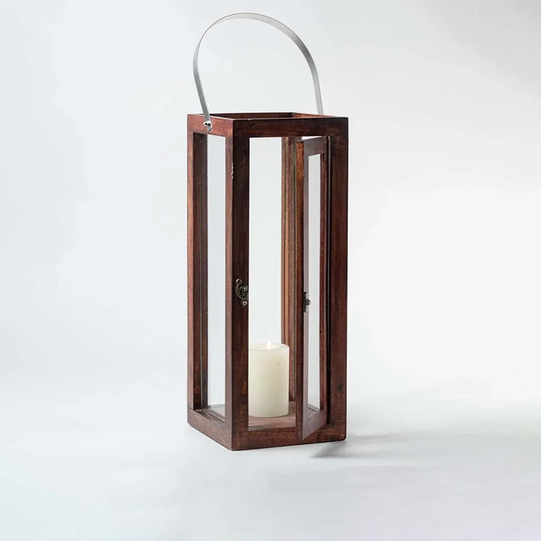 Farmhouse-Style Wooden Candle Lantern for Home and Garden Metal and Glass Hanging Decorative Outdoor Lantern for Home Decor