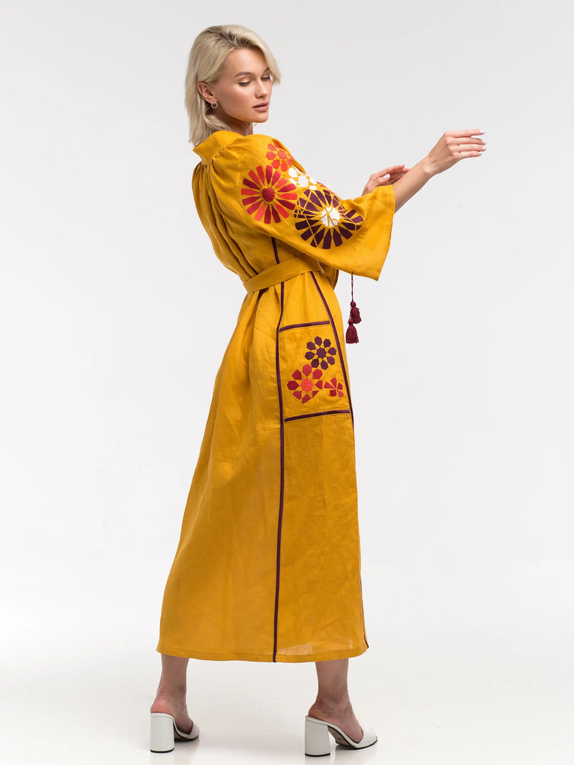 New Exclusive Floral Embroidered Folk Ethnic Ukrainian Long Balloon Sleeves Ethnic Ukraine Dresses