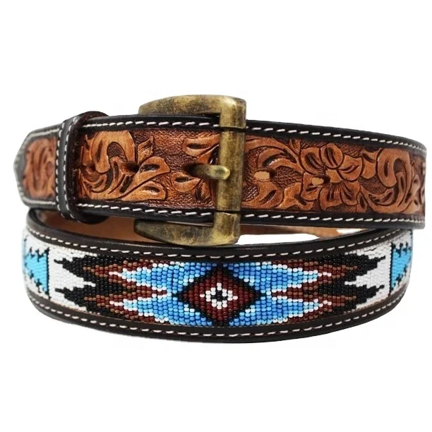 Custom Made Western Cow Leather Beaded Belt With Hand Tooled Floral Design Manufacturer