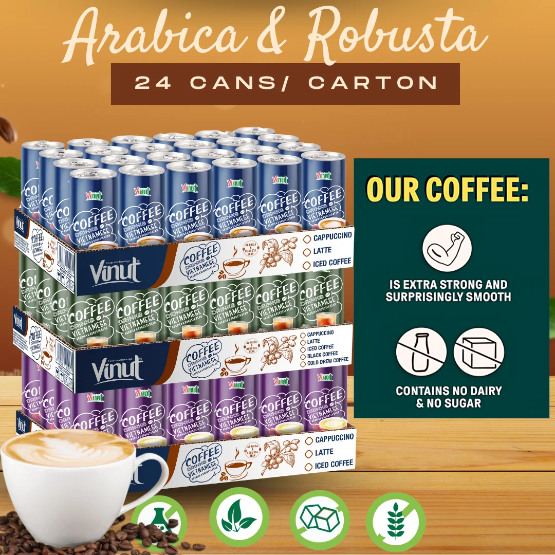 Wholesale Best Price Coffee Drink 250ml Arabica & Robusta Vietnam VINUT | Mocha Latte Cappuccino Iced, Free Sample, Free Design