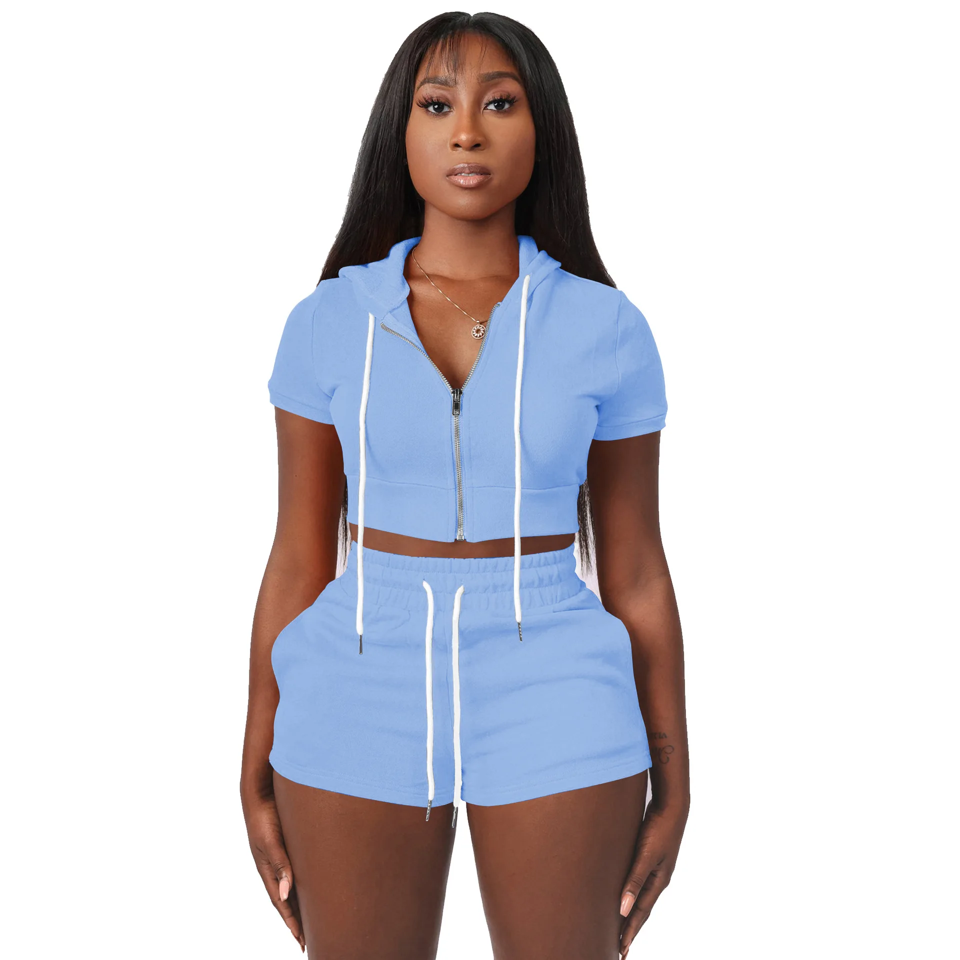 custom women clothing 2022 summer plain biker Zipper short sleeve hoodie sets Jogger two piece short set