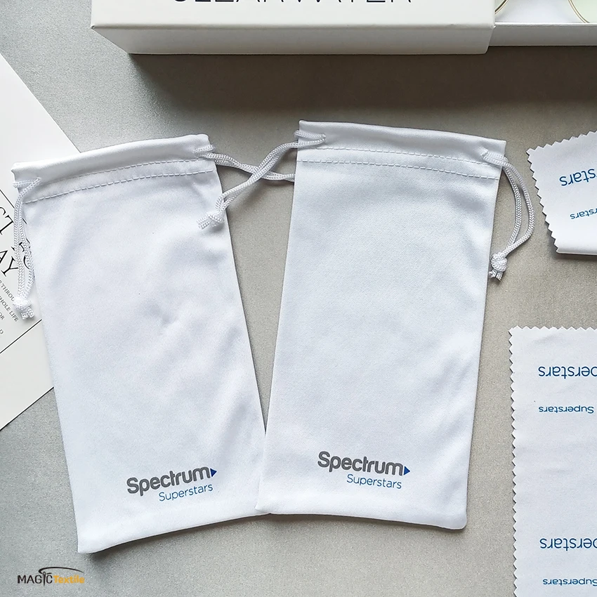 Wholesale White Luxury Drawstring Microfiber Packaging 180gsm Eye Glasses Sunglasses Pouch Bag And Cloth With Logo