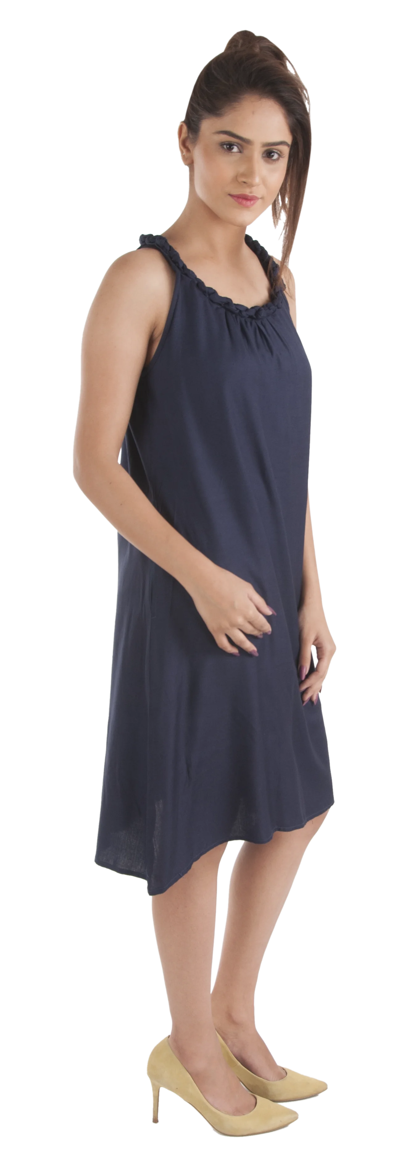 Top Quality Bamboo Knee Length Stylish Neck Braid Design Dress with Flowing Bottom for Girls available at Reasonable Price