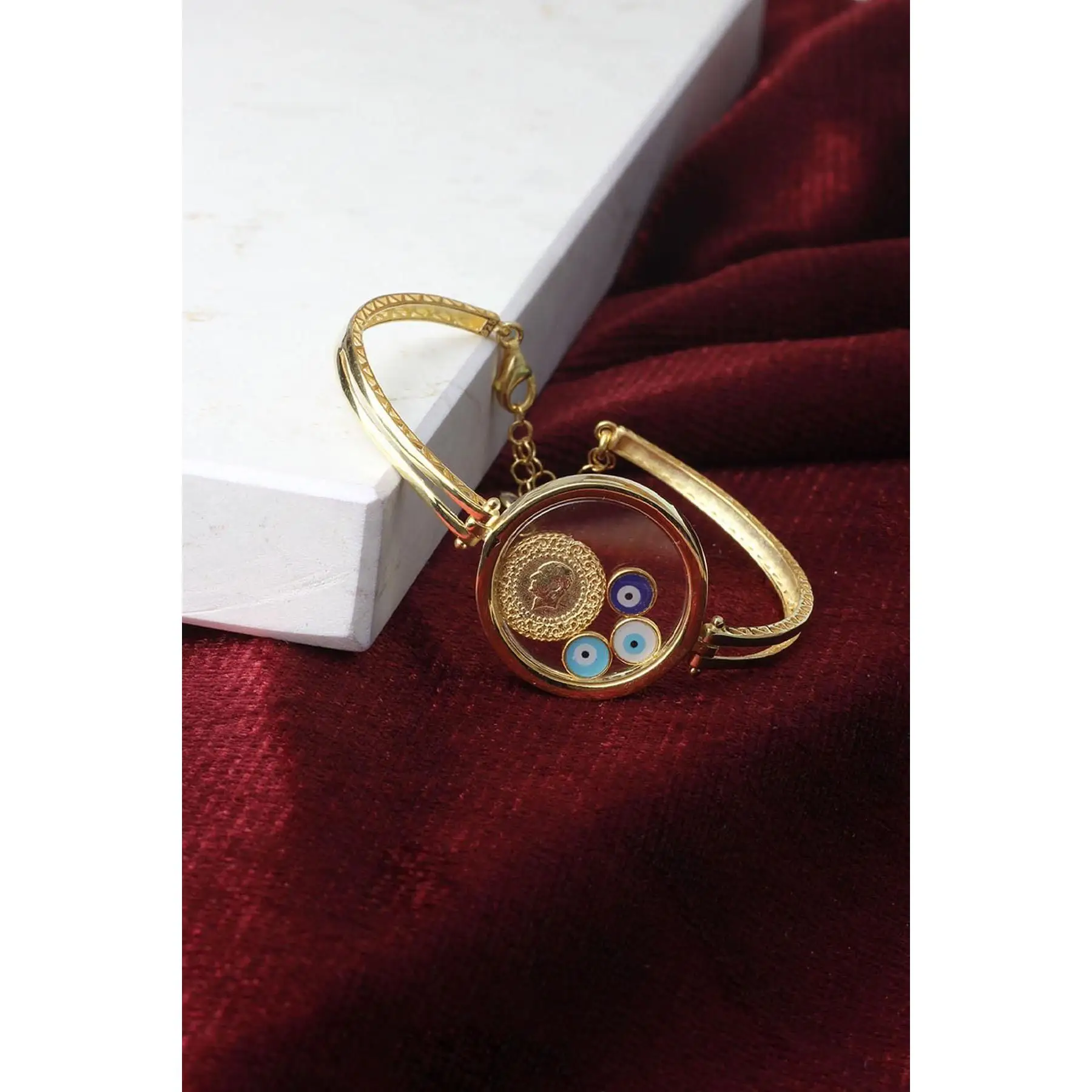 Quarter Model Gold Color Bracelet Silver Clamp Blue Eye Enamel 925 Sterling Bracelet