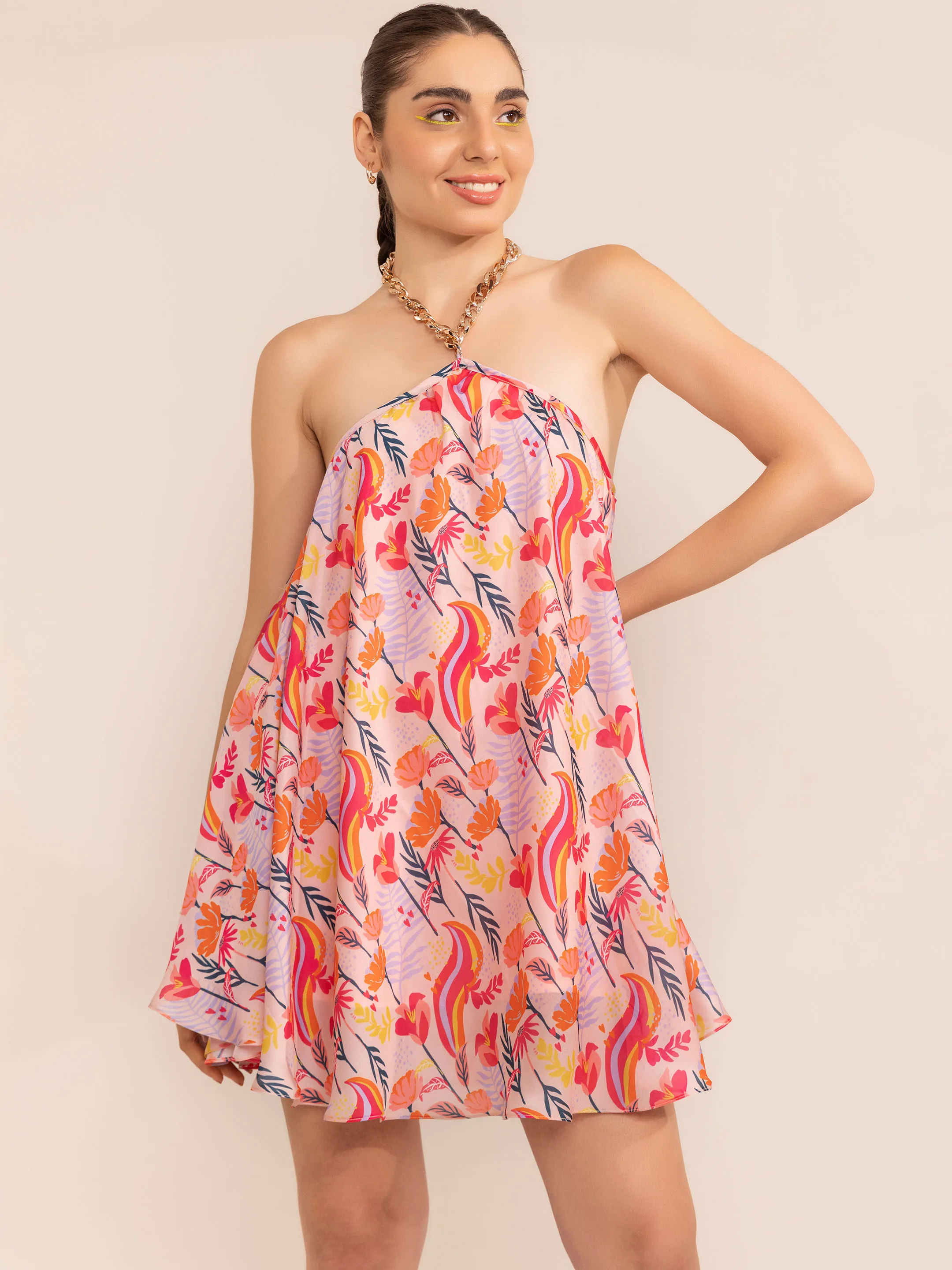 2024 latest trending design Printed Blushing pink halter chain neck short dress new arrival trending design dress for women