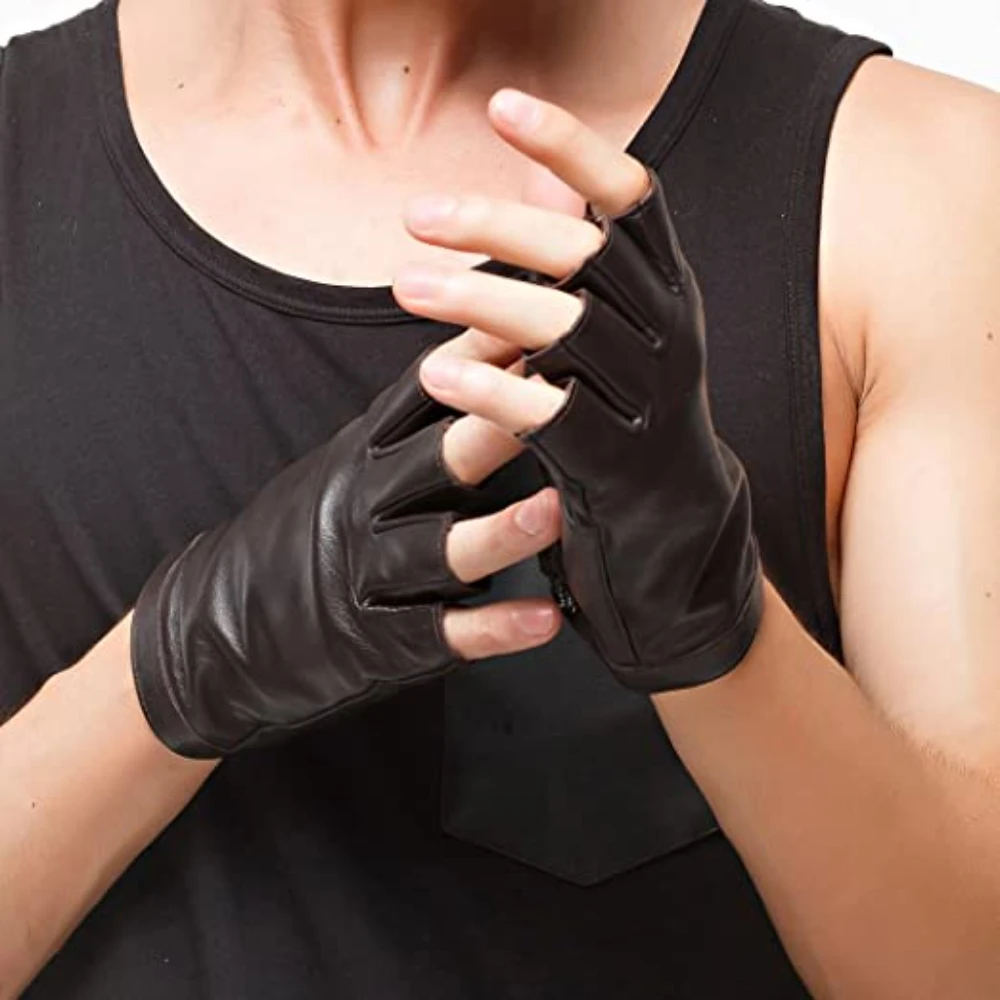 Men Fingerless Half Finger Driving Fitness Motorcycle Cycling Unlined Leather Gloves XX Large Black Blue Thread
