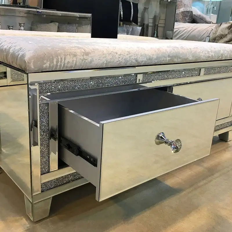 Diamond Glitz Bedroom 2 Drawer Chest Mirrored Velvet Bed End Ottoman Stool Bench with Storage for Bedroom