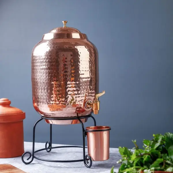 Hot selling amazon top selling Water Dispenser Hammered Design with Plain Glass and Designer Stand Copper water Pot