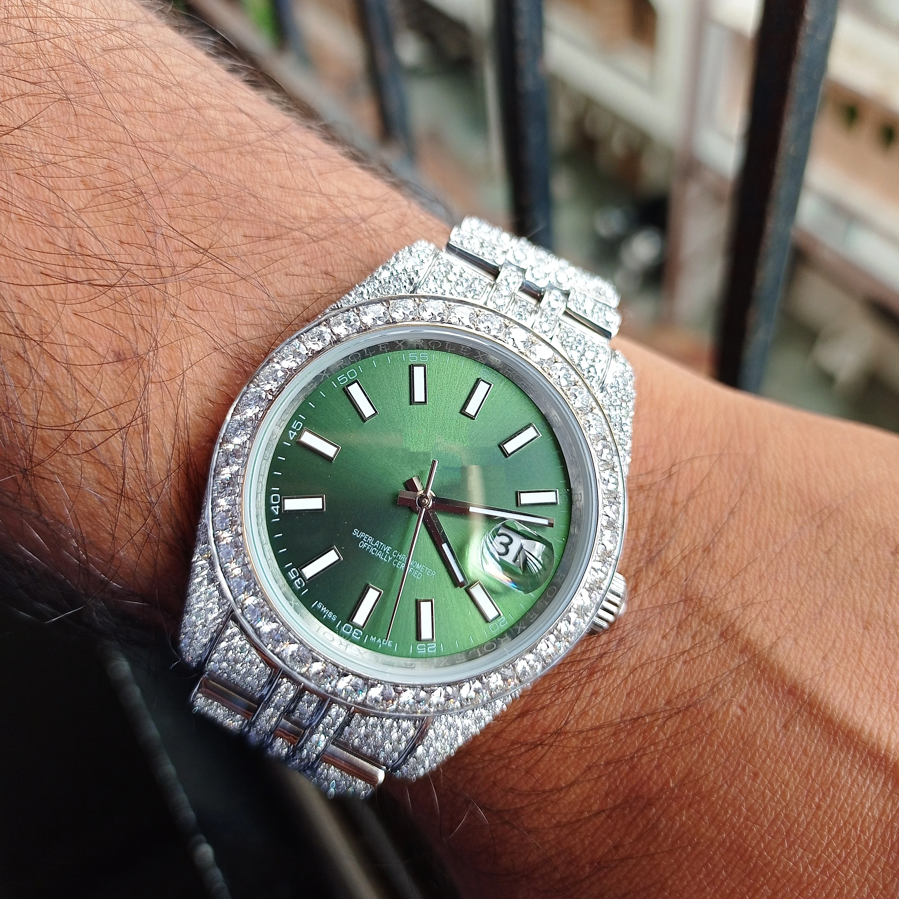 Fully Iced Out Green dial VVS Moissanite Monochrome Wrist Watch / Featuring Date Dial - Top-Quality Bling For Trendsetters