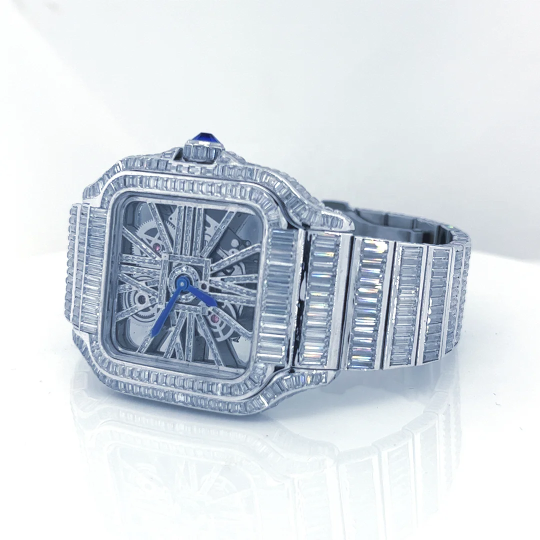 Luxury Brand Stainless Steel Iced Out Vvs Moissanite Diamond Bling Handmade Hip Hop Customized Mechanical Square Shape Watch