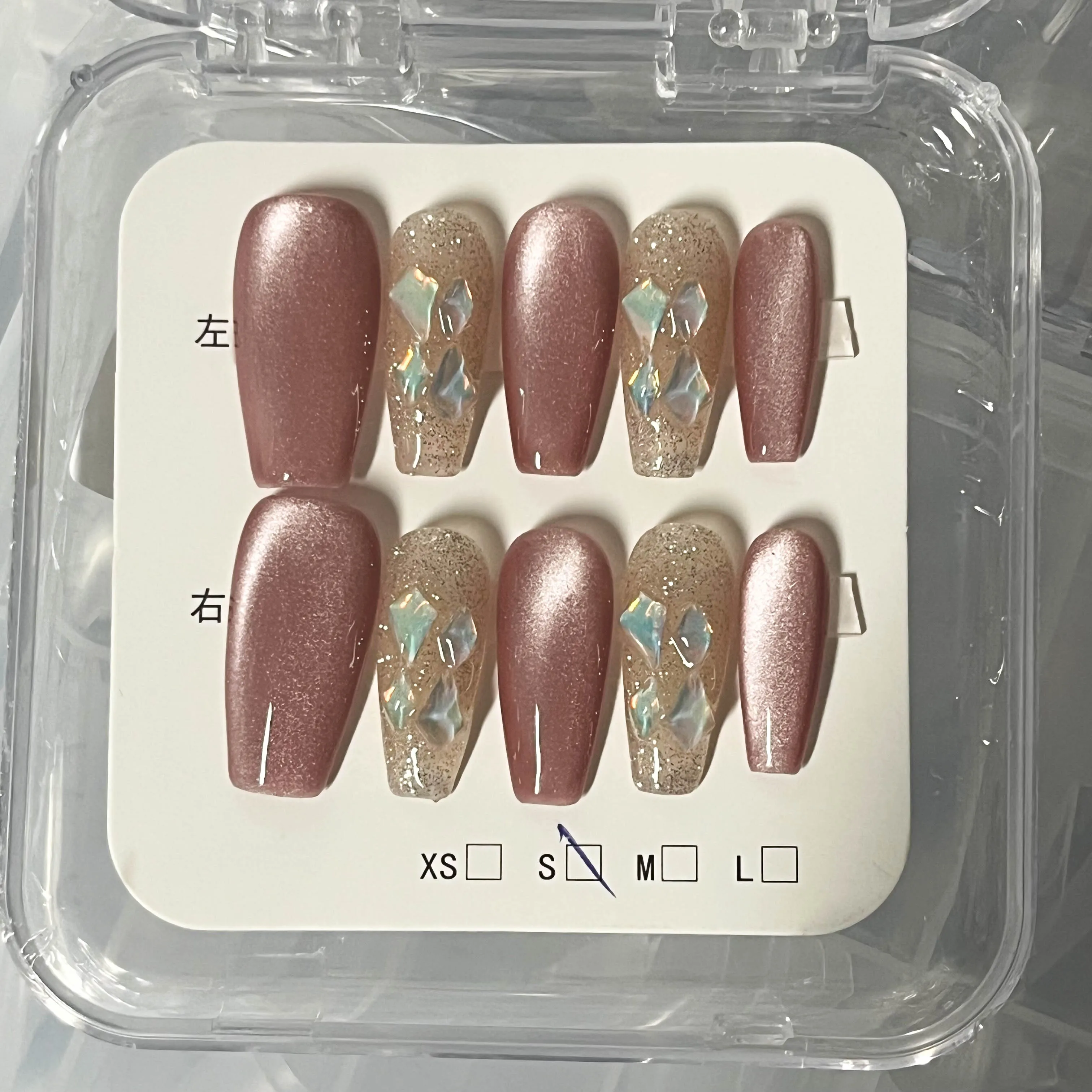 In Stock Pink Handmade False Nails with Glitter Diamond Luxury Handmade Acrylic Nails Press on Artificial Fingernails