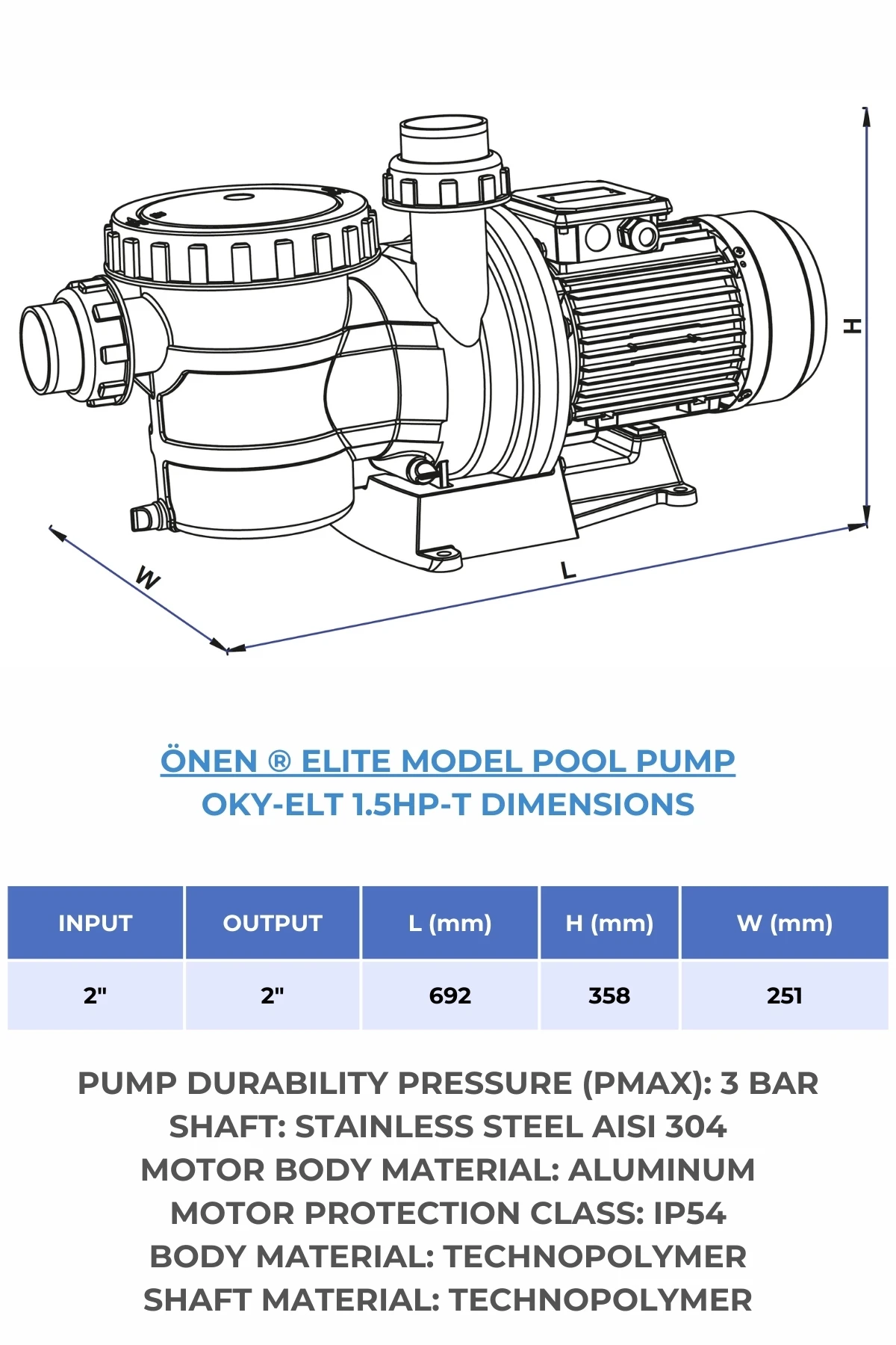 Hot Sale Durable Pool Pumps ONEN KIMYA 380v 1.5 HP-T Elit-e Model Swimming Pool Pump With Filter And Record Key Blue Color
