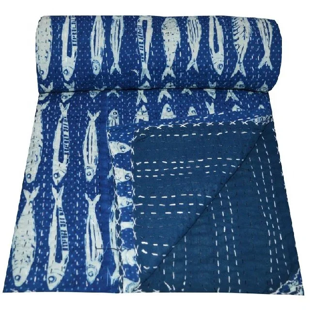 Hand Block Print Indigo Blue Kantha Bed Cover Reversible Bedding Bedspread Twin Size Vintage Cotton Quilt Set