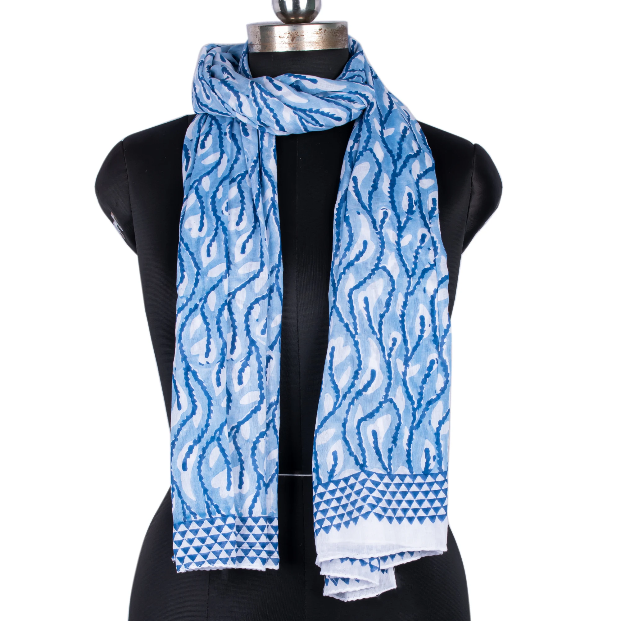 Wholesale Fashion Light Weight Cotton Voile Scarf Indian Hand Block Printed Beach Cover Sarong Sky Blue Pareo Scarves Wholesale