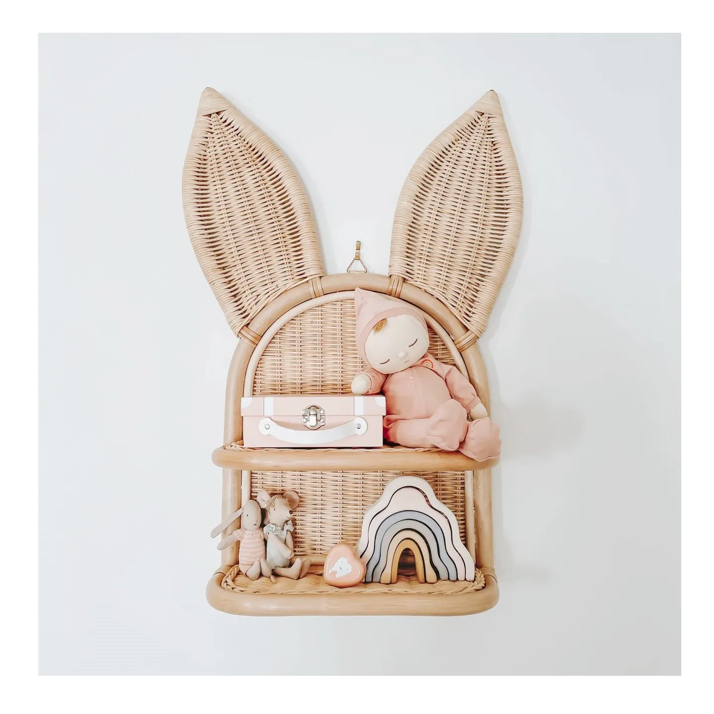 Kids room decoration baby nursery bedroom decorative wall hanging shelf natural rattan rack shelves