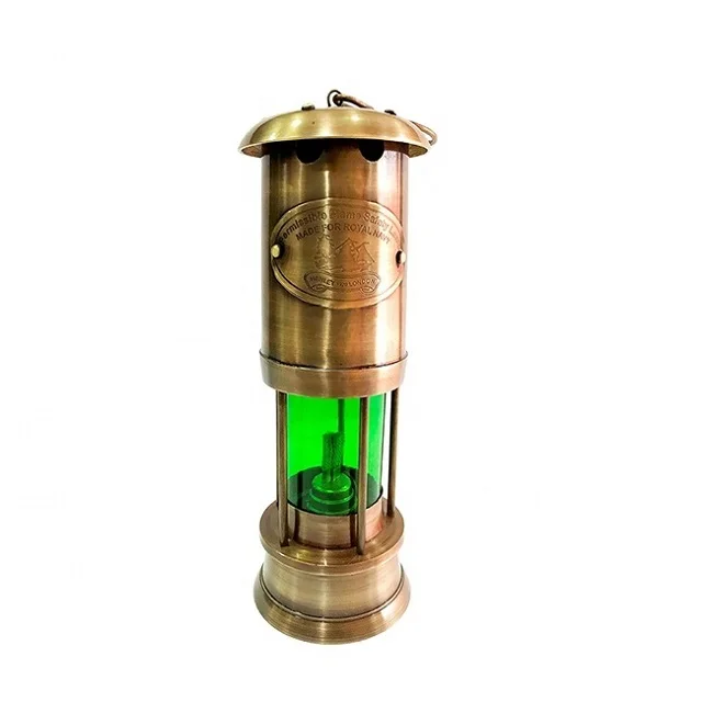 Green Glass Nautical Anchor Lamp Brass Lantern Miners Hook at Top for hang Best Selling Product in Stock