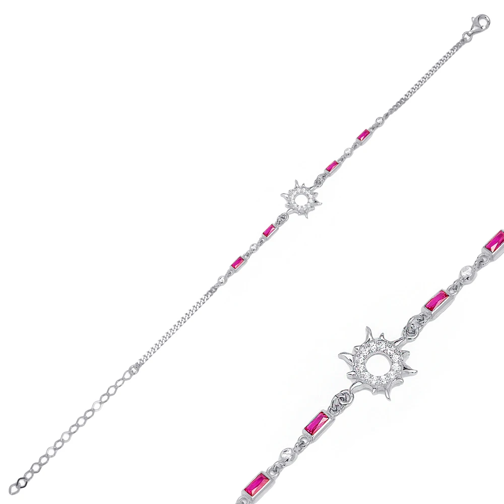 Sun Design Rectangle Shape Stone Ruby Stone Chain Bracelet Women 925 Sterling Silver Jewelry