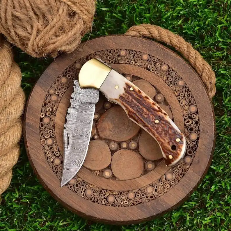 New Hot selling Damascus steel folding portable knife with horn handle knives for camping