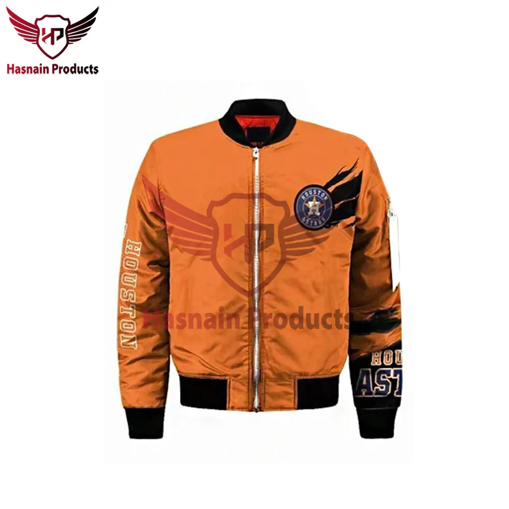 Orange Bomber Jacket Cotton Zipper Rib-knitted Collar Cuffs Customized Design Team Name & Number Starter Jacket