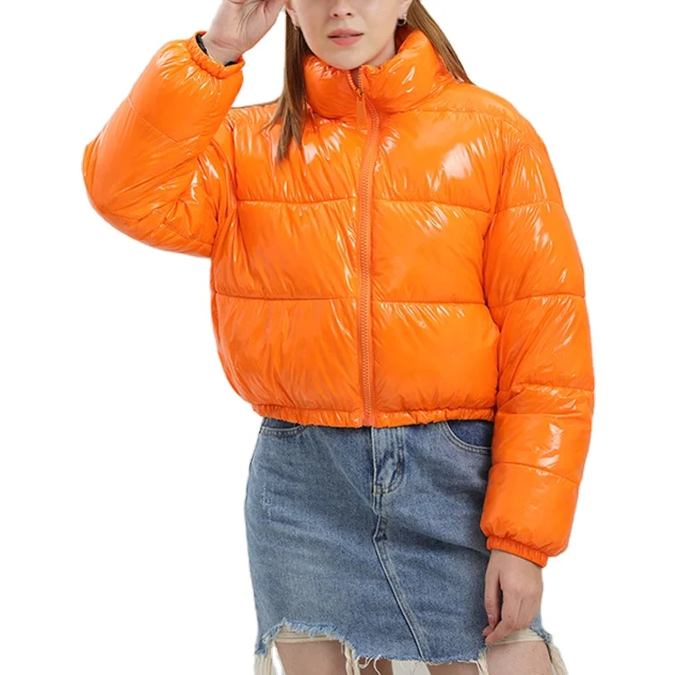 Wholesale Orange Womens Bomber Jacket Shiny Winter Short Bubble Jacket Custom Puffer Jacket for Women 2022
