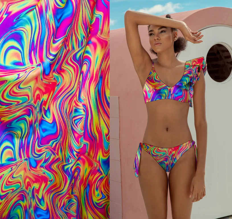 Eco  Recycled Polyester Spandex  abstract design lava multicolor print    Fabric for beachwear