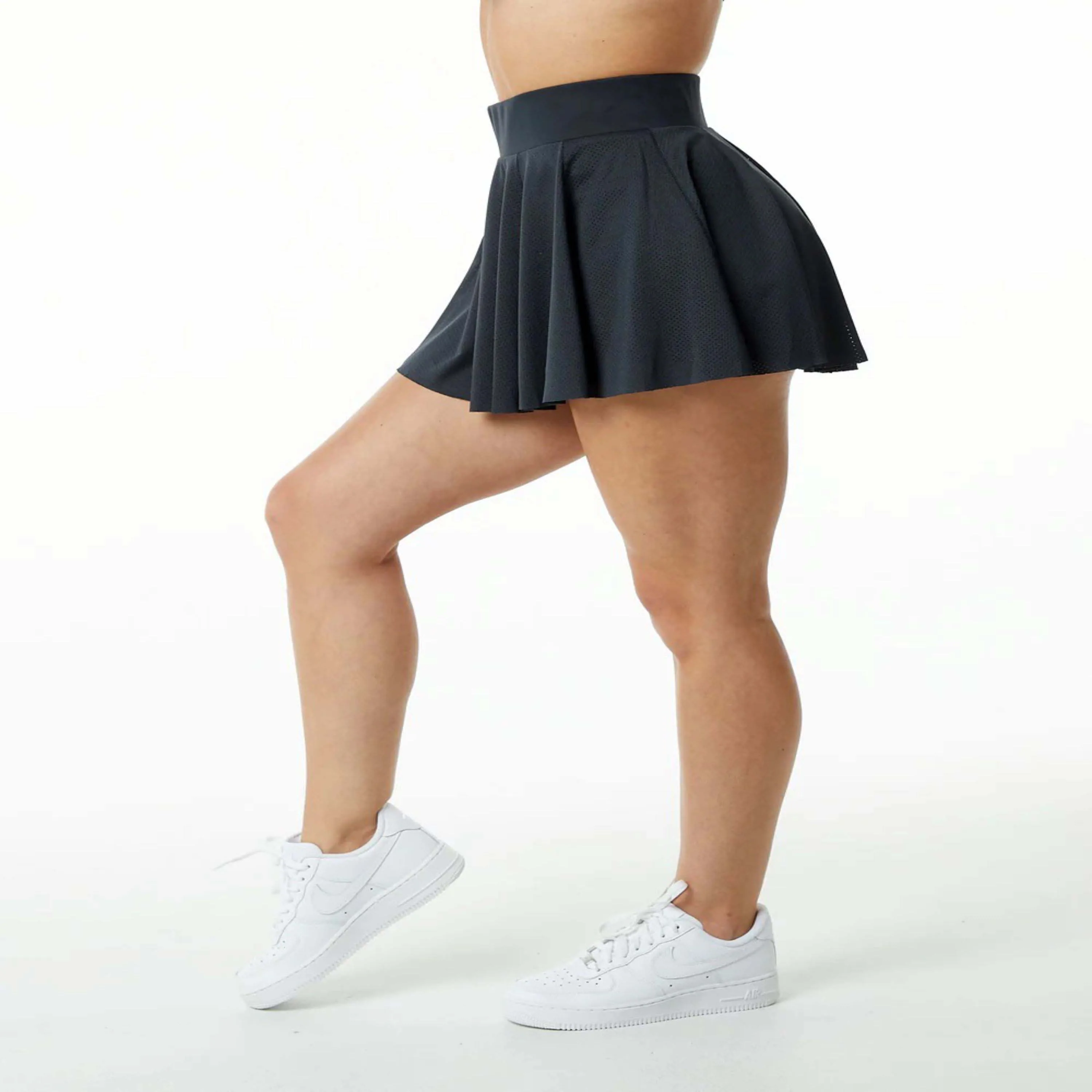 100% Polyester Jersey Knit Womens Compression Lined Mesh High Waisted Black Skirt with Compression Lined Short