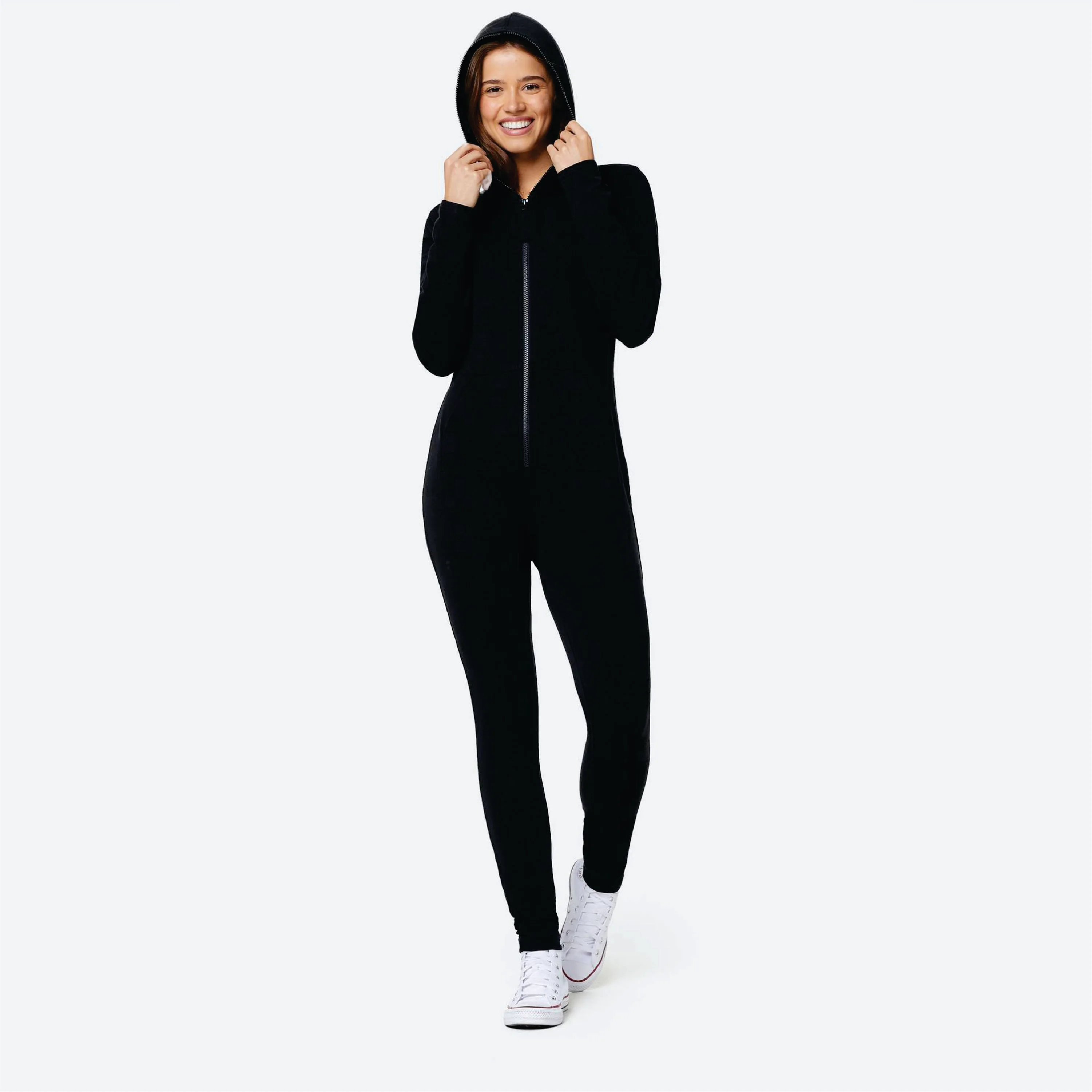 93% Cotton 7% Elastane One Way Zipper Opening Front Kangaroo Pocket Black Women Original Fitted Onesie Slim Jumpsuit