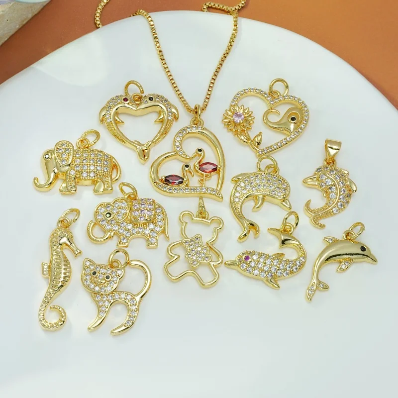 Aquatic Creatures Necklace Charm Colored Zirconia Animal Pendant Brass Elephant Cat Dolphin Pendants For Necklace Jewelry Making