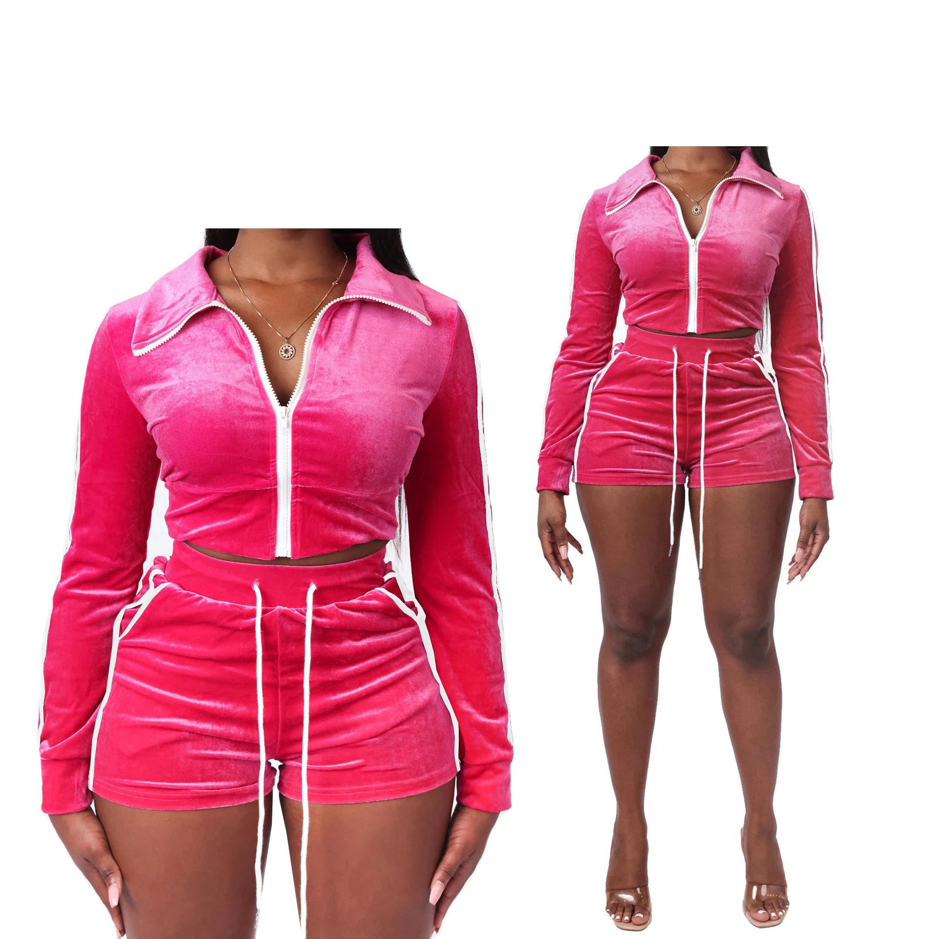 Custom Logo Velour Suits Shorts And Long Sleeve Crop Top Track Suit Workout 2 Piece Set Velvet Tracksuit For Women Breathable