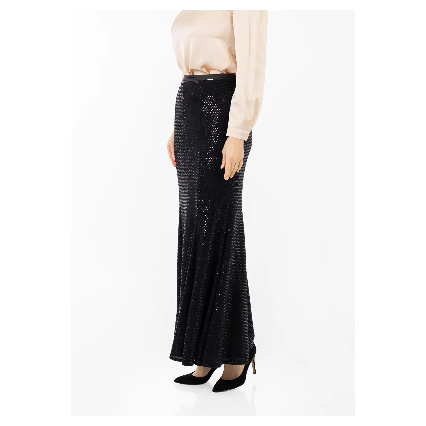 Cool Style Maxi Length Black Sequined Fish Skirt Comfortable Knitted Fabric Single Pack Included