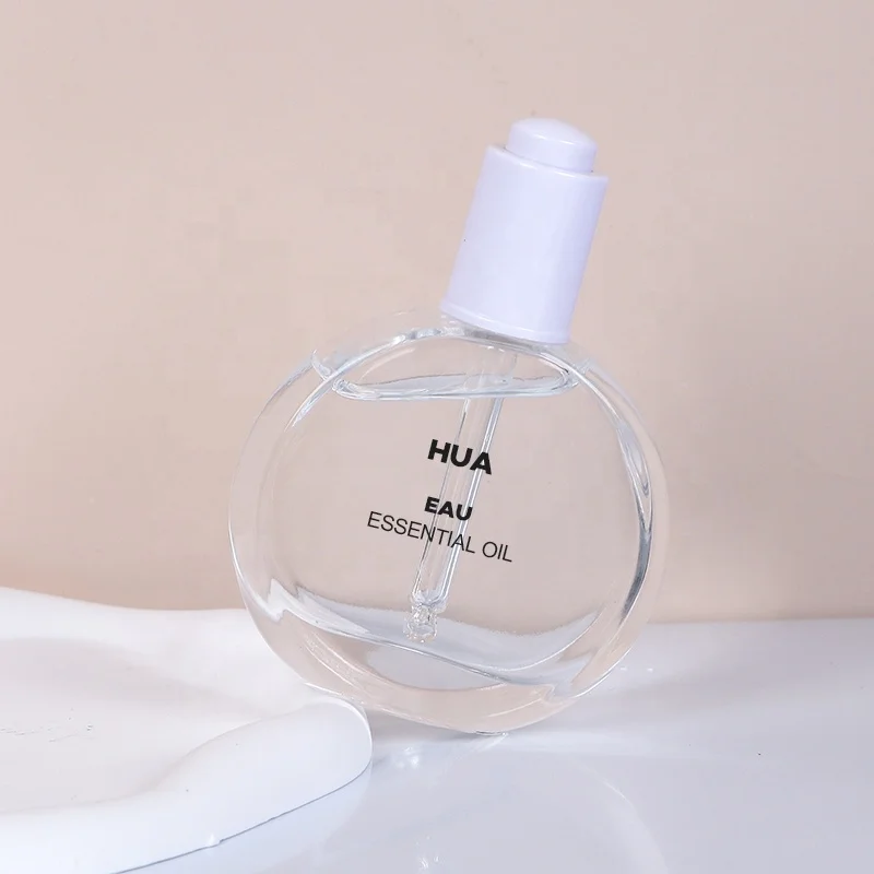 50ml flat round hot sale glass serum cosmetic essential oil dropper bottle with pump