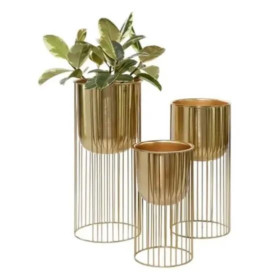 High Quality Decorative Golden Planters With Stands Large ElectricGold Set of 3 Metal Crafted Antique Supplies