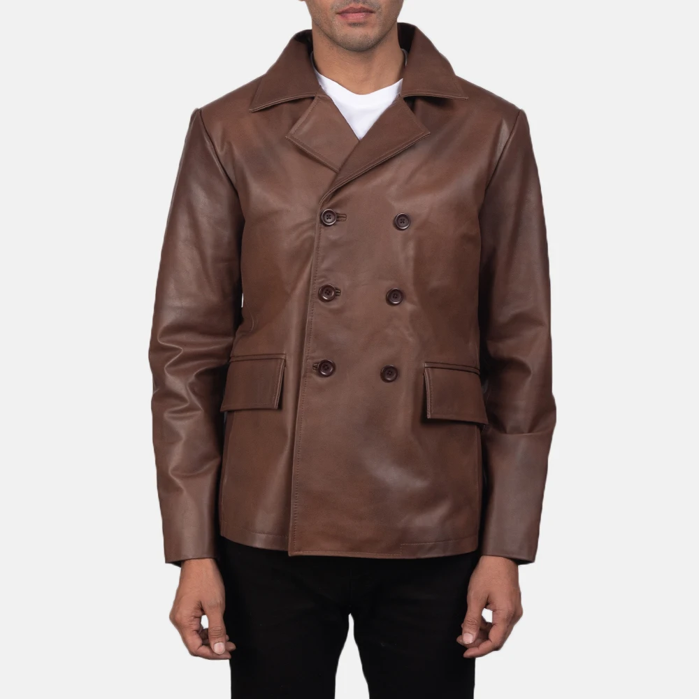 New Design Brown Original Sheepskin Double Breasted Leather Naval Peacoat for Men Manufactured by Huzaifa Products