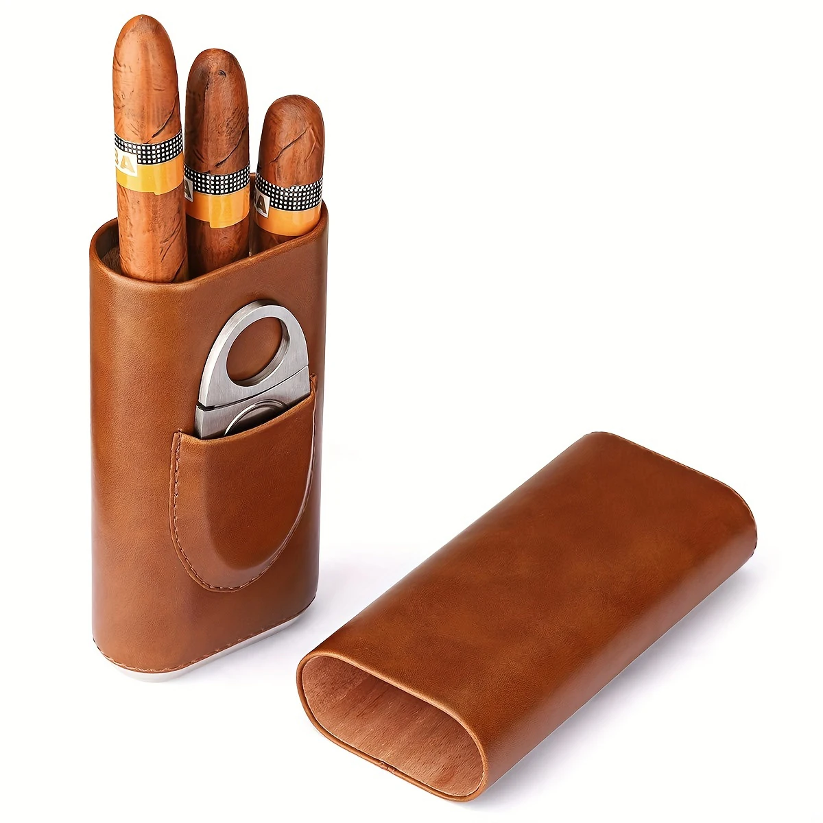 Premium Portable Cigar Humidor and Brown Leather Cigar Case with Cigar Cutter Accessories