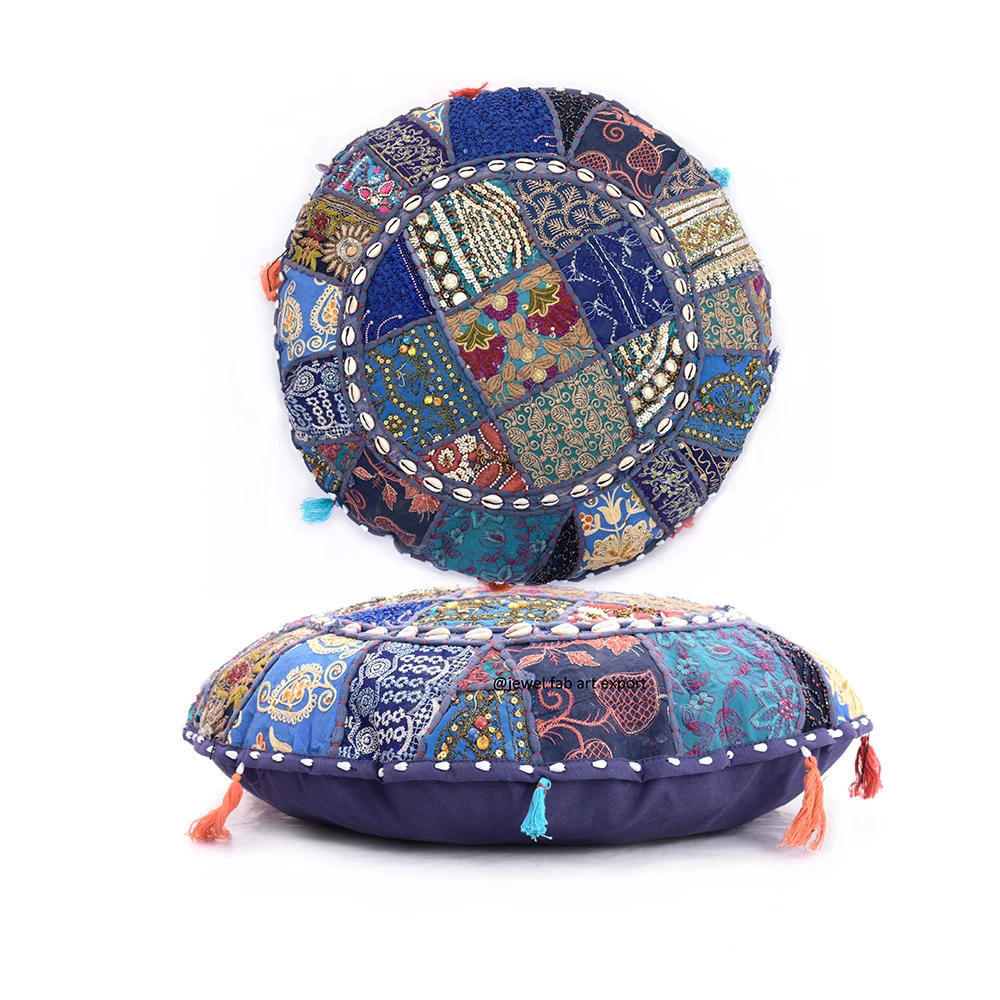 Hand Embroidered Indian Cushion Cover Patchwork With Tassel Round Cotton Pillow Covers Ethnic Vintage Living Room Sofa Pillow