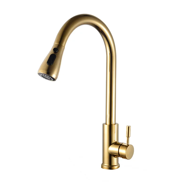 Wholesale Price 304 Stainless Steel Gold Pull-down Faucet with Three Modes for Easy Installation Basin Kitchen Sink Faucet