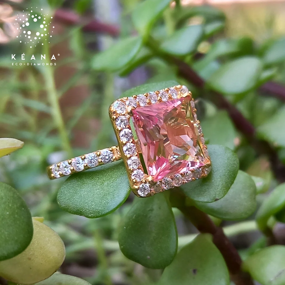 Square Ring With Princess Cut Lab Grown Peach Sapphire and Lab Grown Diamonds 14k Gold Certified Luxury Fine Jewelry