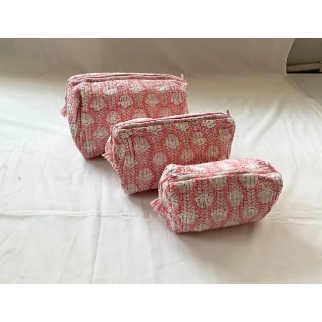 Set Of 3 Cotton Quilted Makeup Bag & Organizer Cotton Toiletry Case Travel Bag Indian Block Print Makeup - Free shipping