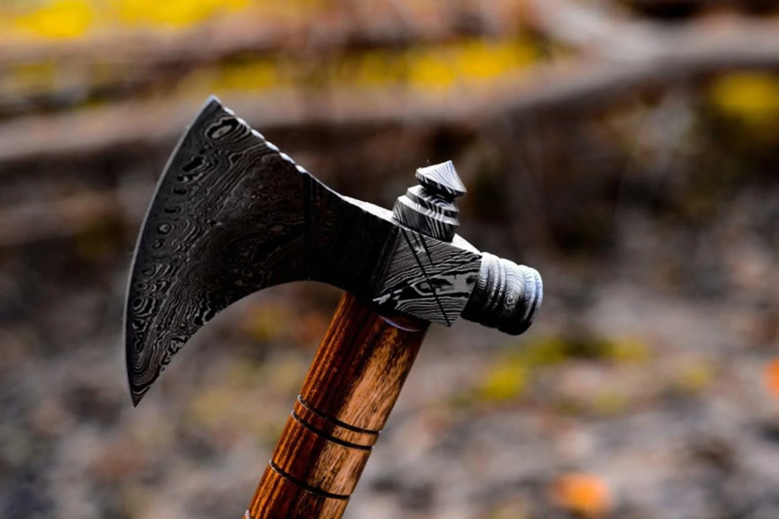 Custom Made Damascus Steel Tomahawk  Axe Rosewood Handle With Leather Sheath.