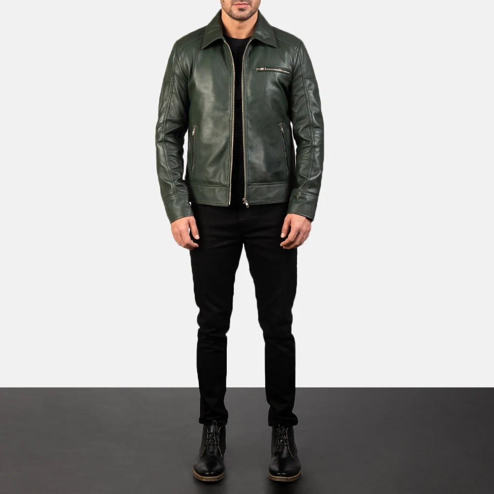 Real Leather Sheepskin Aniline Zipper Lavendard Green Men Biker Jacket with Quilted Viscose Lining and Inside Outside Pockets