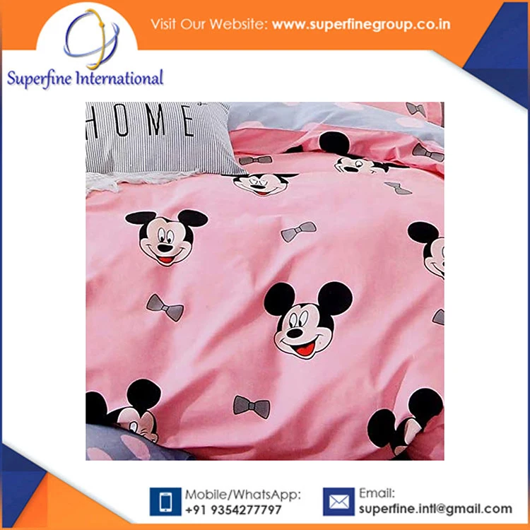 3D Glace Cotton 140 TC Micky Mouse 3D Printed Queen Size Double Bed Modern Sheet with 2 Pillow Covers (Pink )