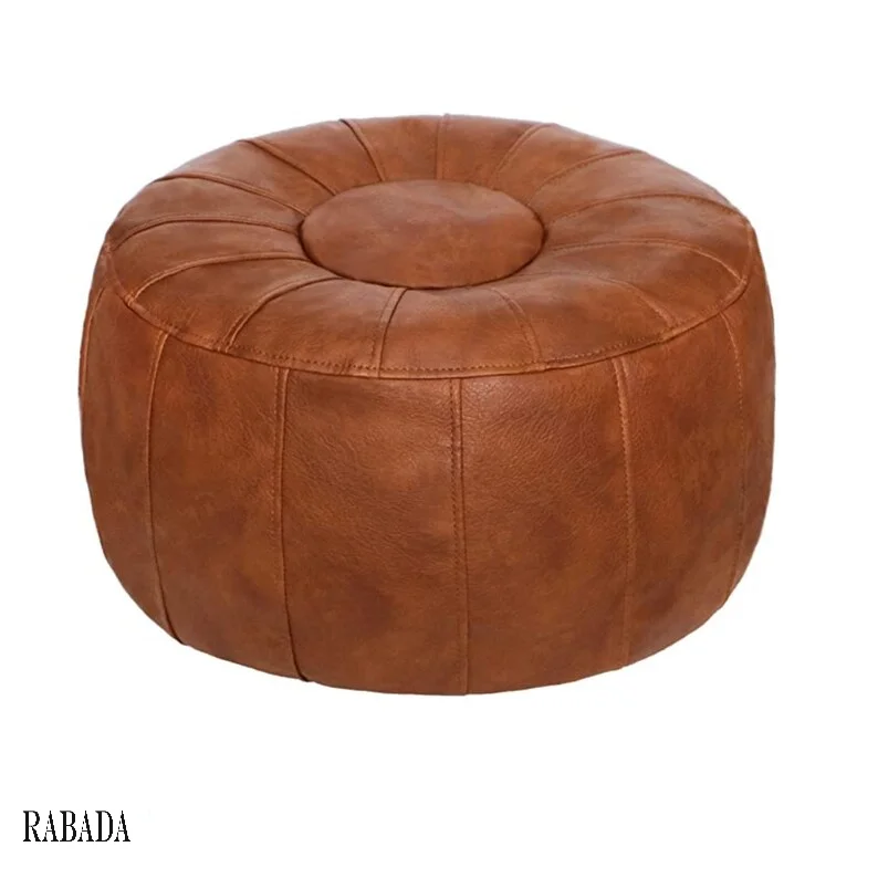 Leather Unstuffed Moroccan Ottoman Pouf Cover Round Ottoman Footstool Storage Solution Bean Bag Foot Rest
