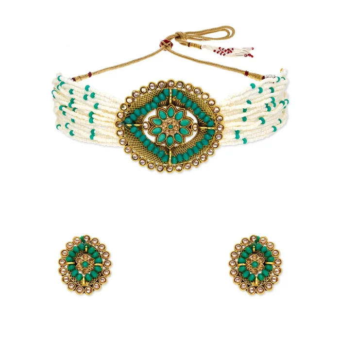 New Design Antique Choker Necklace Set in Gold finish Green Artificial Stone Indian Fashion Jewelry Choker Necklace Sets 2022