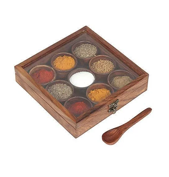 Traditional Design Wooden Spice Boxes Spice Tool Home Useful Kitchen Tool Item with 8 Small Compartment Top Design Good Quality