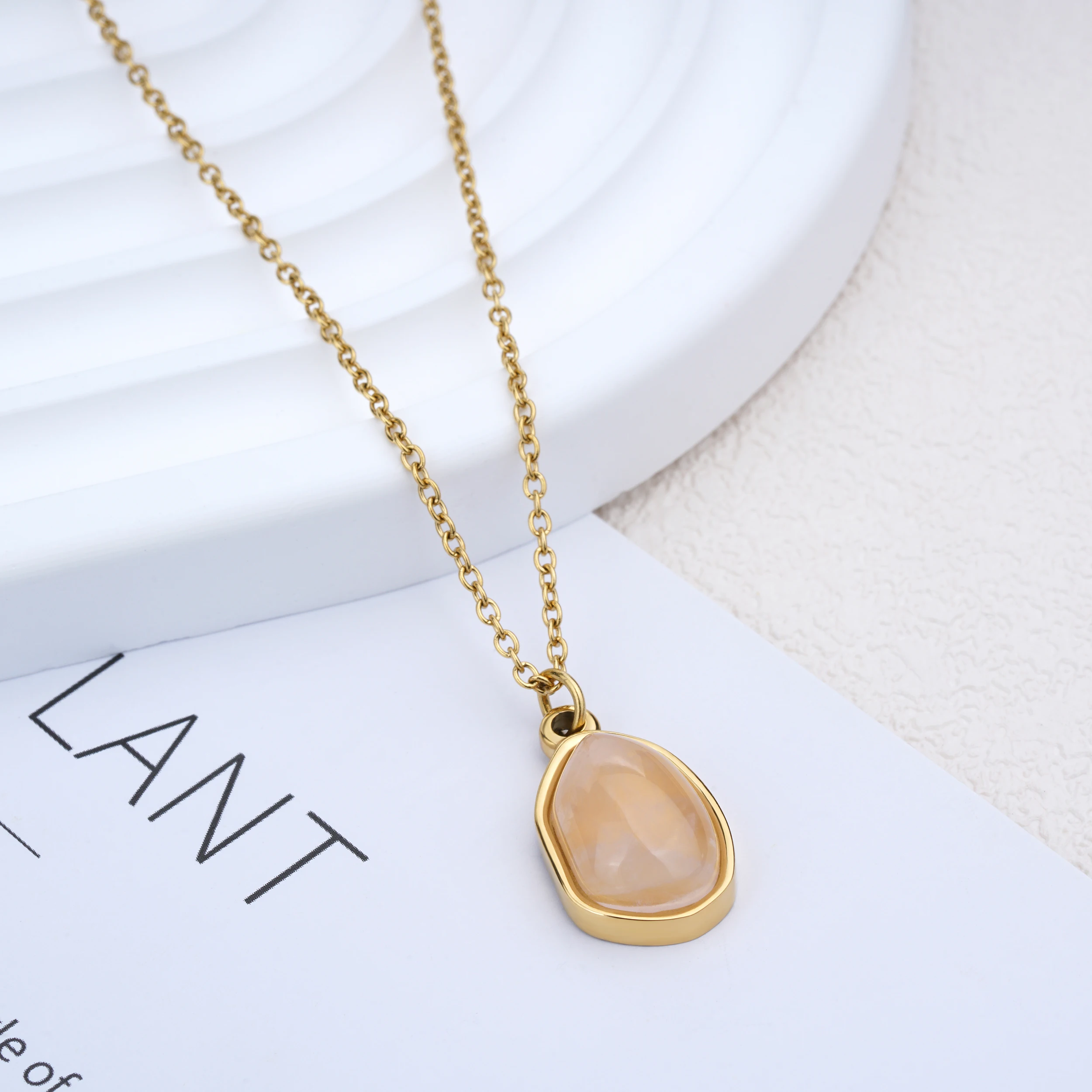 3 Colors Irregular Natural Gemstone Necklace Gold Plated Stainless Steel Rose Quartz Necklace