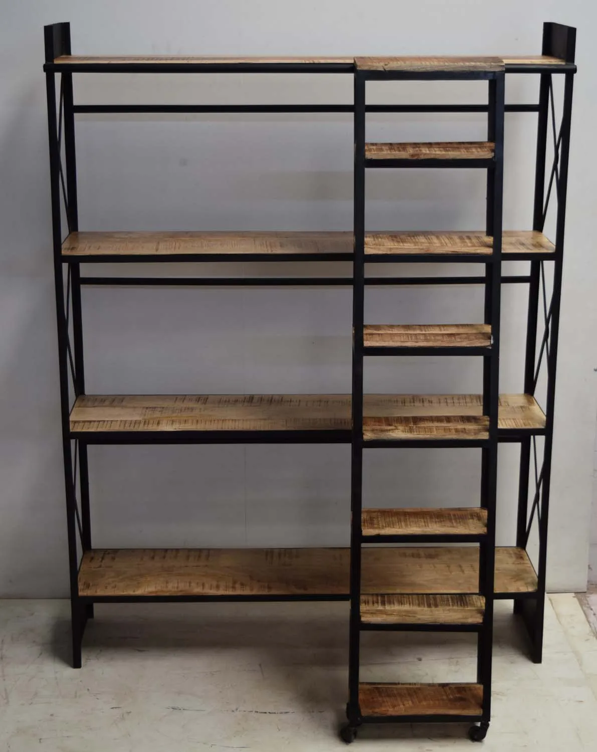 Morden design Multi-layers industrial wooden iron display bookcase bookshelf with ladder Direct from manufacturer