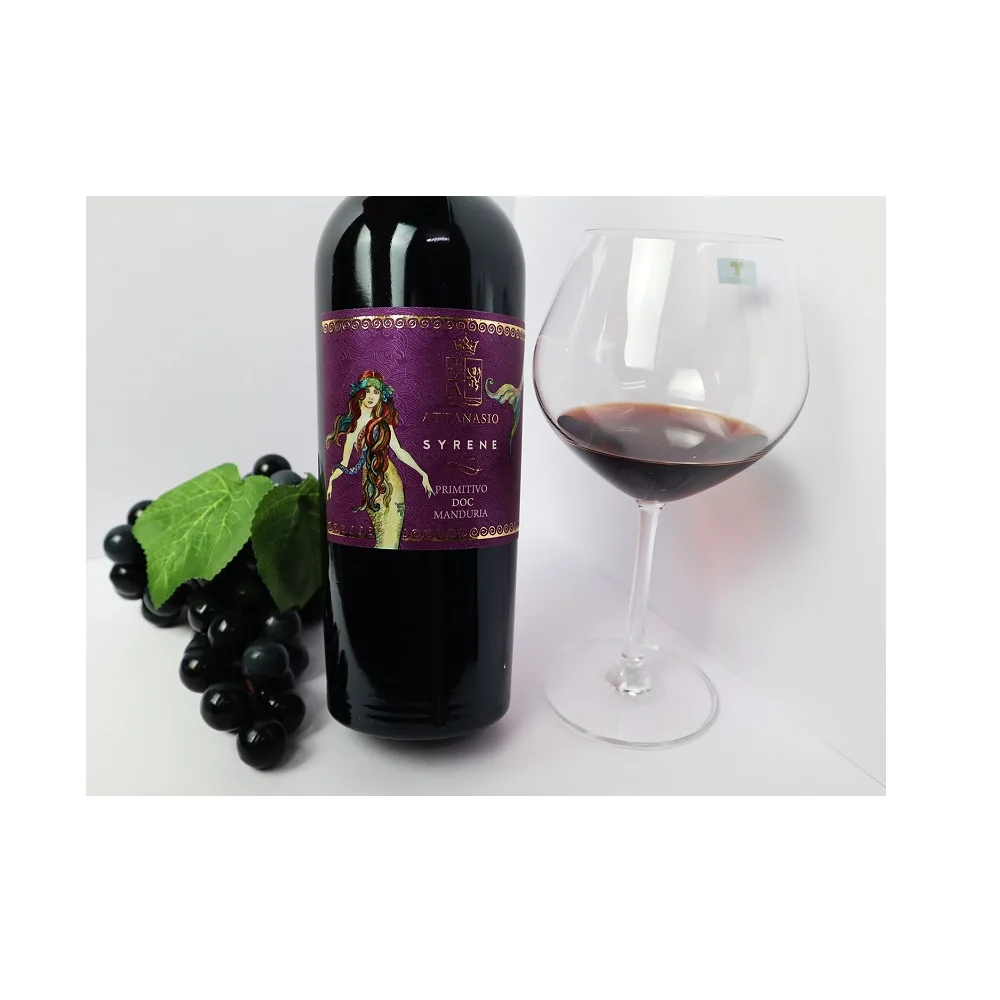 Packaging grape Primitivo type dry use table 750ml wine bottles Attansio Syrene Primitivo DOC Manduria from Italy