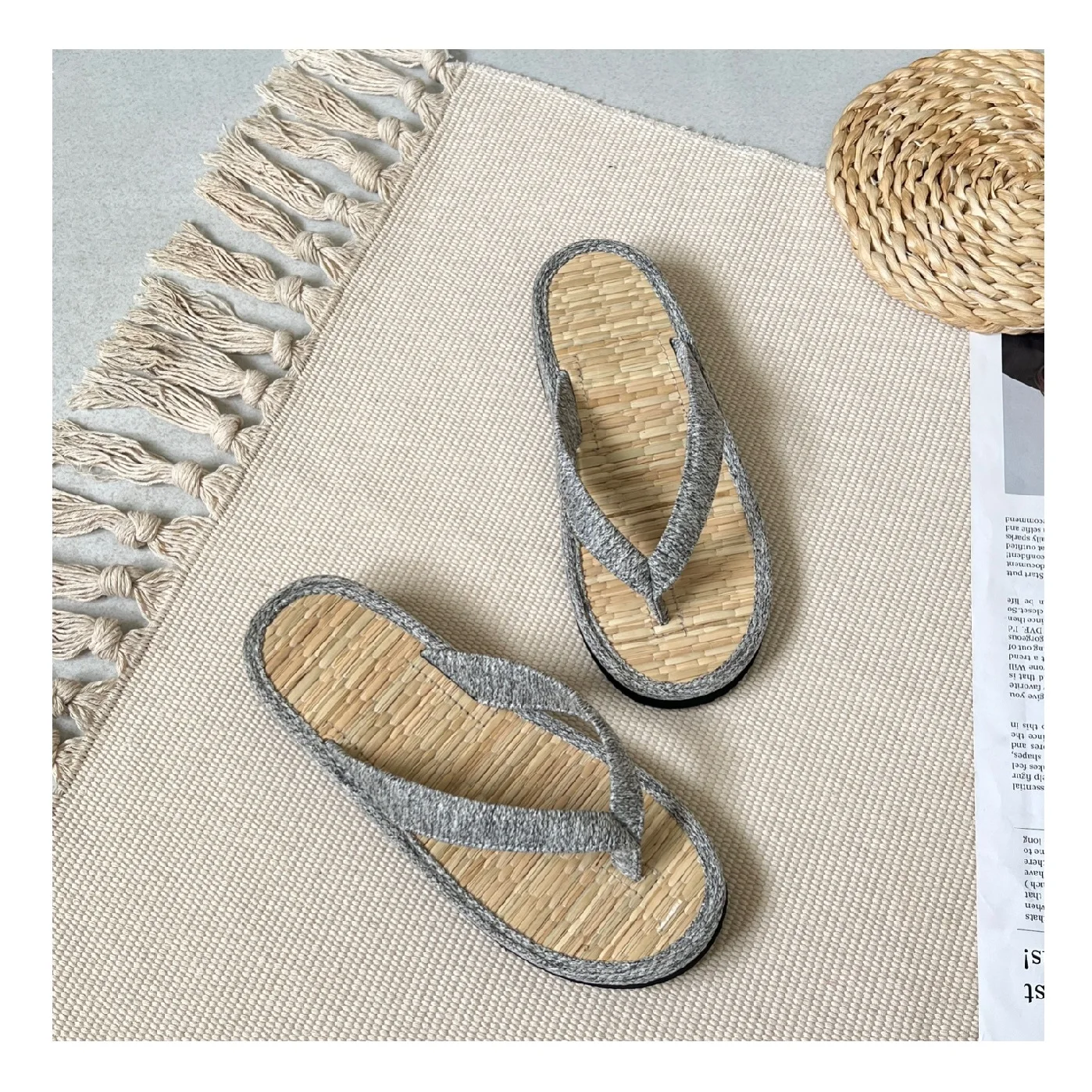 Cushioned Seagrass Water Hyacinth Canvas Genuine Leather Slippers All Platform Wood Fur Plush Natural Color Summer Use Home