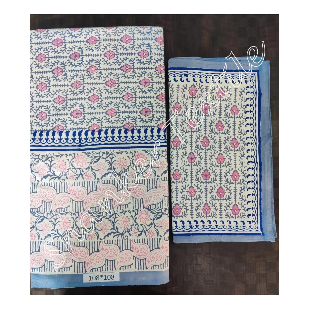 Beautiful Handcrafted Indian Cotton Fabric Bedding 3 Pcs King Size Sheet with Pillow Cover New Print for Home and Hotel Use